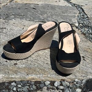 Black Suede Peep-Toe Wedges